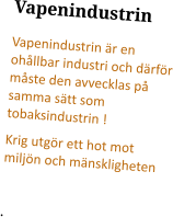 Vapenindustrin  Vapenindustrin är en ohållbar industri och därför måste den avvecklas på samma sätt som tobaksindustrin ! Krig utgör ett hot mot miljön och mänskligheten  .